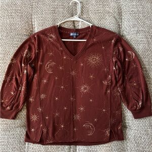 Democracy gold celestial print French terry v neck top